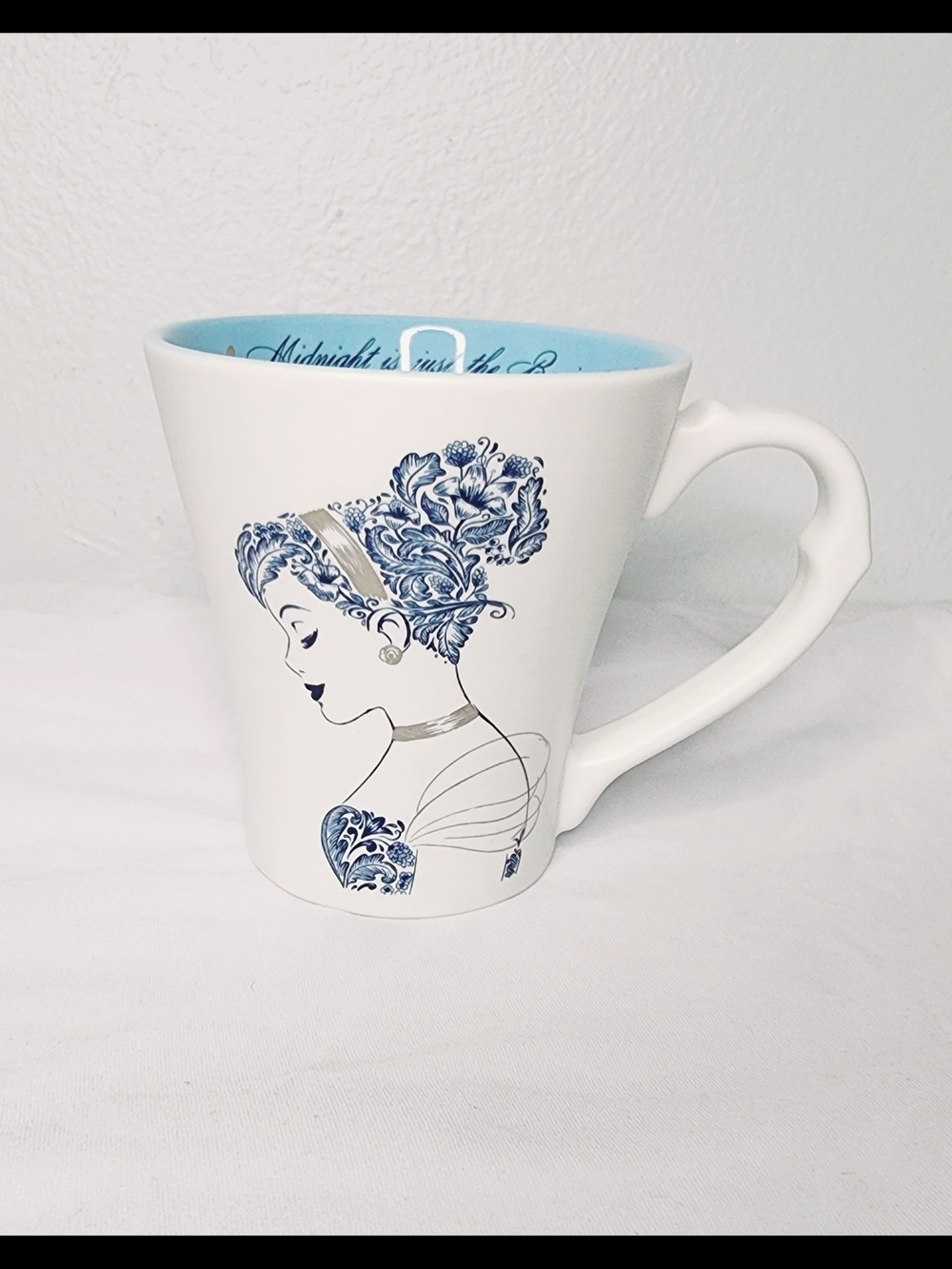 Cinderella Disney Parks Coffee Mug Cup Midnight Is Just The Beginning Blue Toile